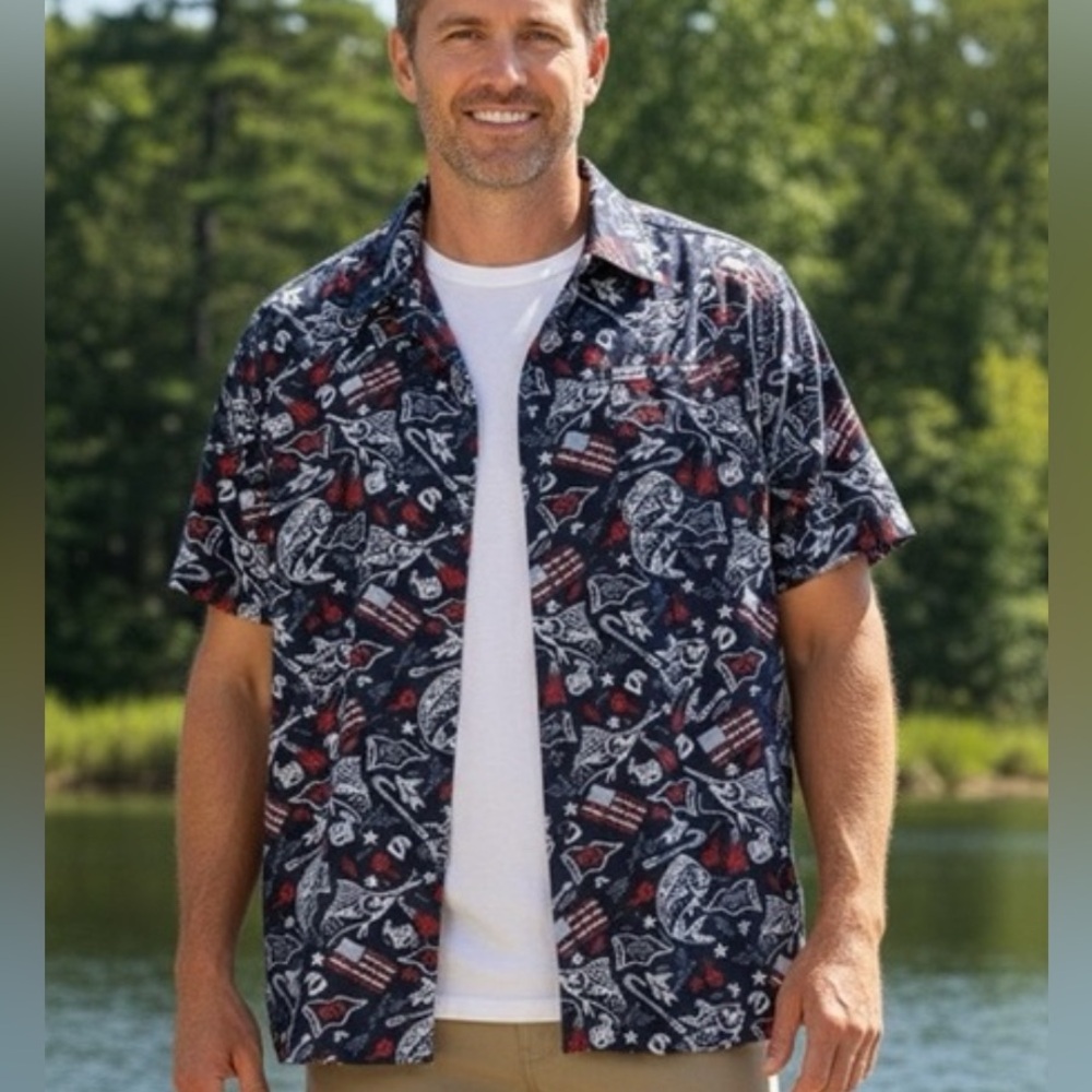 Columbia PFG Fishing Shirt Button Up Patriotic American Flag Large